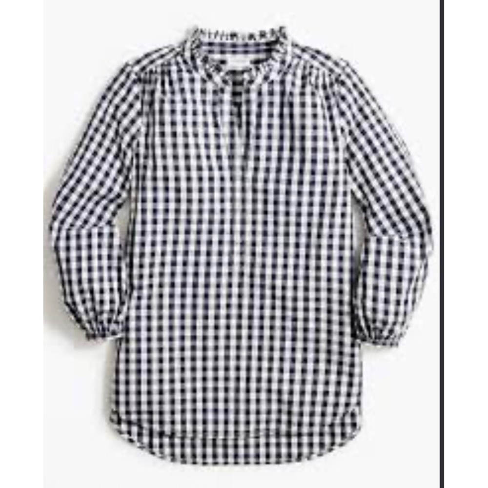J.Crew Gingham Ruffle Collar Tunic Women Large Navy Linen Blend Preppy Nautical
